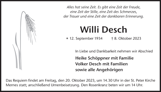 Traueranzeige von Willi Desch von FZ