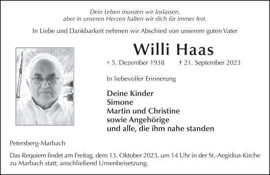 Traueranzeige von Willi Haas von FZ