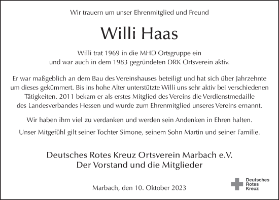 Traueranzeige von Willi Haas von FZ