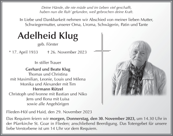 Traueranzeige von Adelheid Klug von FZ