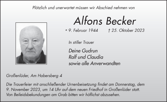Traueranzeige von Alfons Becker von FZ