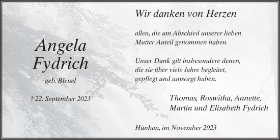 Traueranzeige von Angela Fydrich von FZ