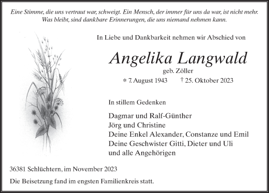Traueranzeige von Angelika Langwald von FZ