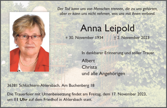 Traueranzeige von Anna Leibold von FZ