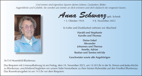 Traueranzeige von Anna Schwarz von FZ