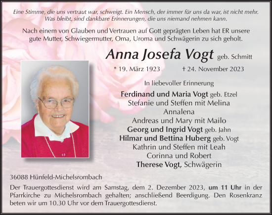Traueranzeige von Anna Josefa Vogt von FZ