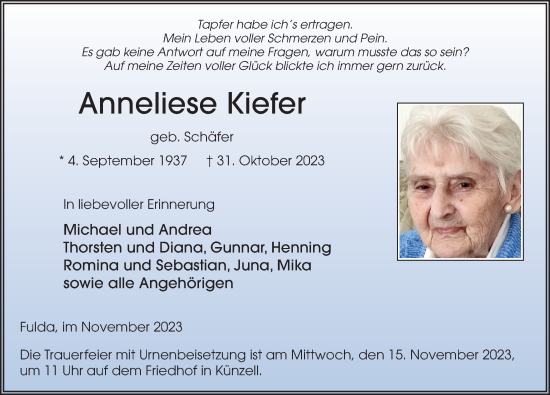 Traueranzeige von Anneliese Kiefer von FZ