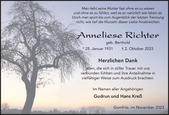 Traueranzeige von Anneliese Richter von FZ
