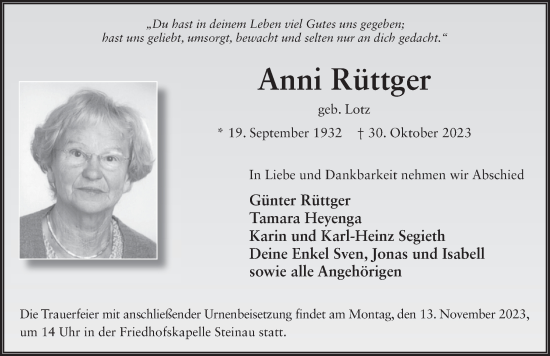 Traueranzeige von Anni Rüttger von FZ