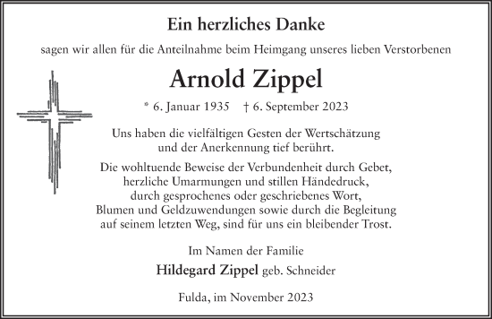 Traueranzeige von Arnold Zippel von FZ