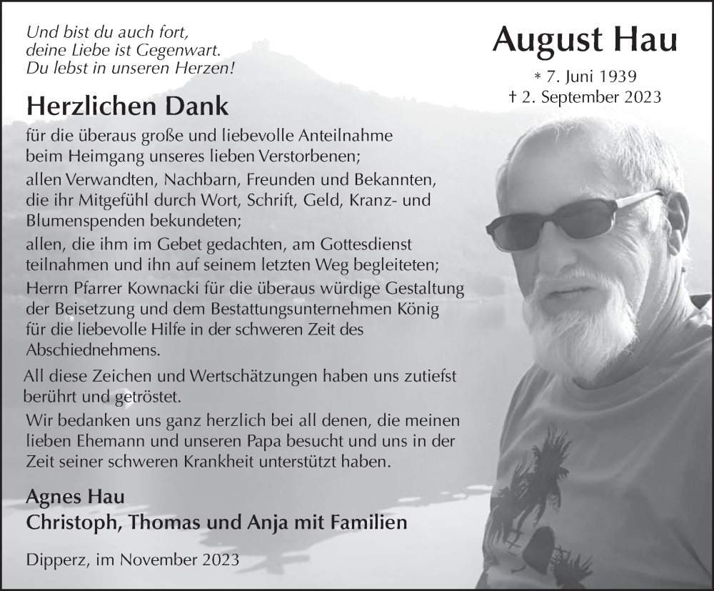  Traueranzeige für August Hau vom 17.11.2023 aus FZ