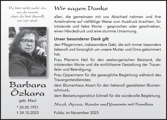 Traueranzeige von Barbara Özkara von FZ