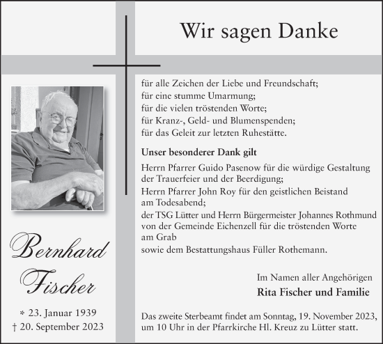 Traueranzeige von Bernhard Fischer von FZ