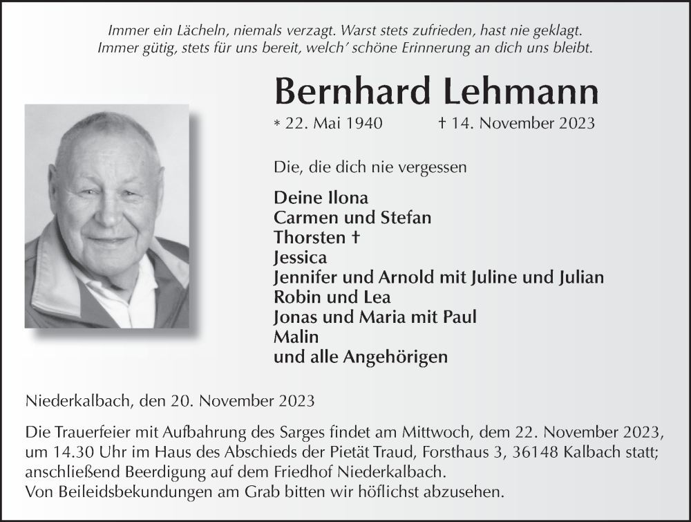  Traueranzeige für Bernhard Lehmann vom 20.11.2023 aus FZ