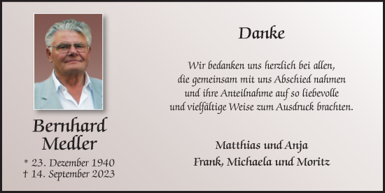 Traueranzeige von Bernhard Medler von FZ