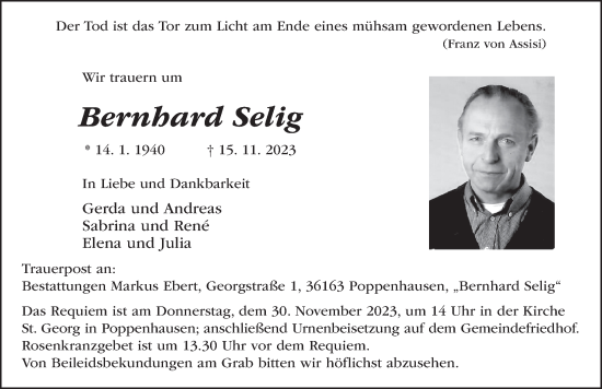 Traueranzeige von Bernhard Selig von FZ