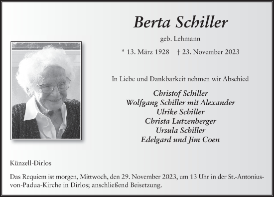 Traueranzeige von Berta Schiller von FZ