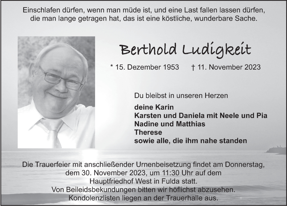  Traueranzeige für Berthold Ludigkeit vom 25.11.2023 aus FZ