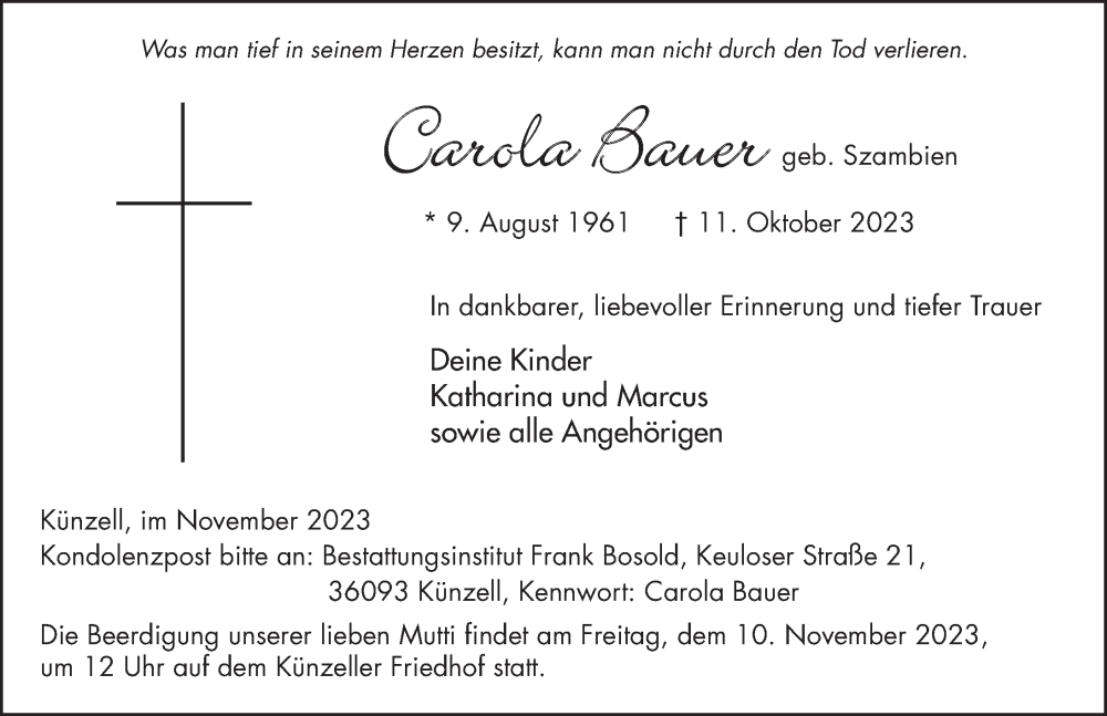  Traueranzeige für Carola Bauer vom 04.11.2023 aus FZ