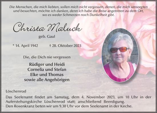 Traueranzeige von Christa Maluck von FZ