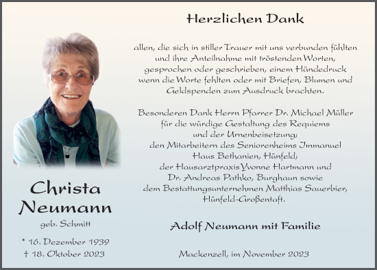 Traueranzeige von Christa Neumann von FZ