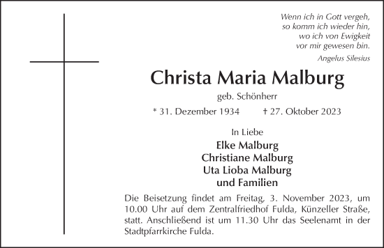 Traueranzeige von Christa Maria Malburg von FZ
