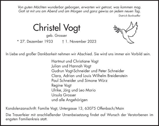 Traueranzeige von Christel Vogt von FZ