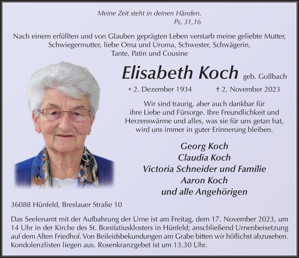  Traueranzeige für Elisabeth Koch vom 11.11.2023 aus FZ