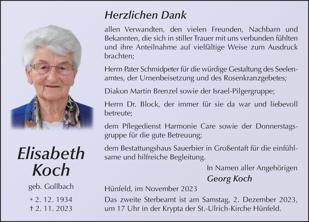  Traueranzeige für Elisabeth Koch vom 25.11.2023 aus FZ