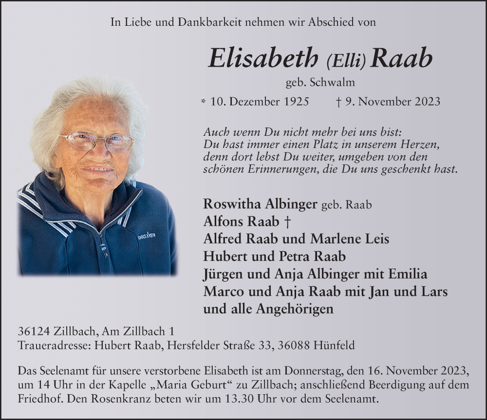 Traueranzeige für Elisabeth Raab vom 14.11.2023 aus FZ