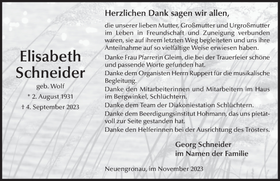 Traueranzeige von Elisabeth Schneider von FZ