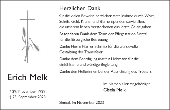 Traueranzeige von Erich Melk von FZ