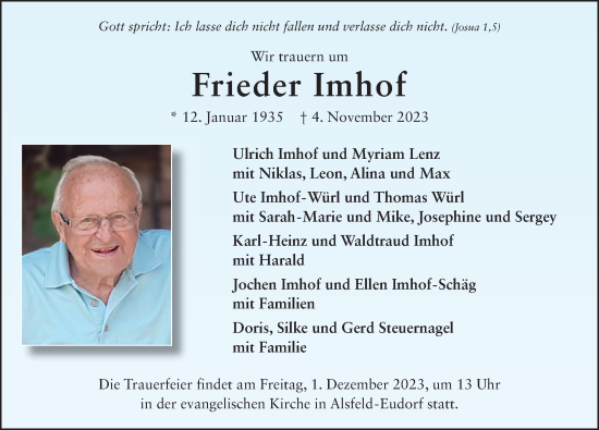Traueranzeige von Frieder Imhof von FZ