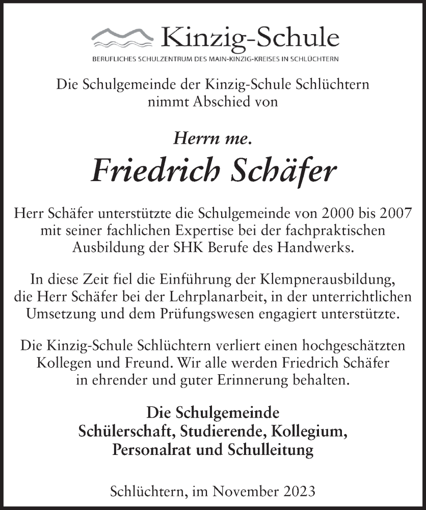  Traueranzeige für Friedrich Schäfer vom 25.11.2023 aus FZ