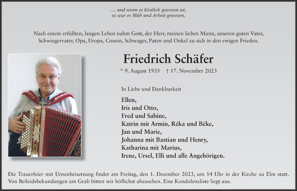  Traueranzeige für Friedrich Schäfer vom 29.11.2023 aus FZ