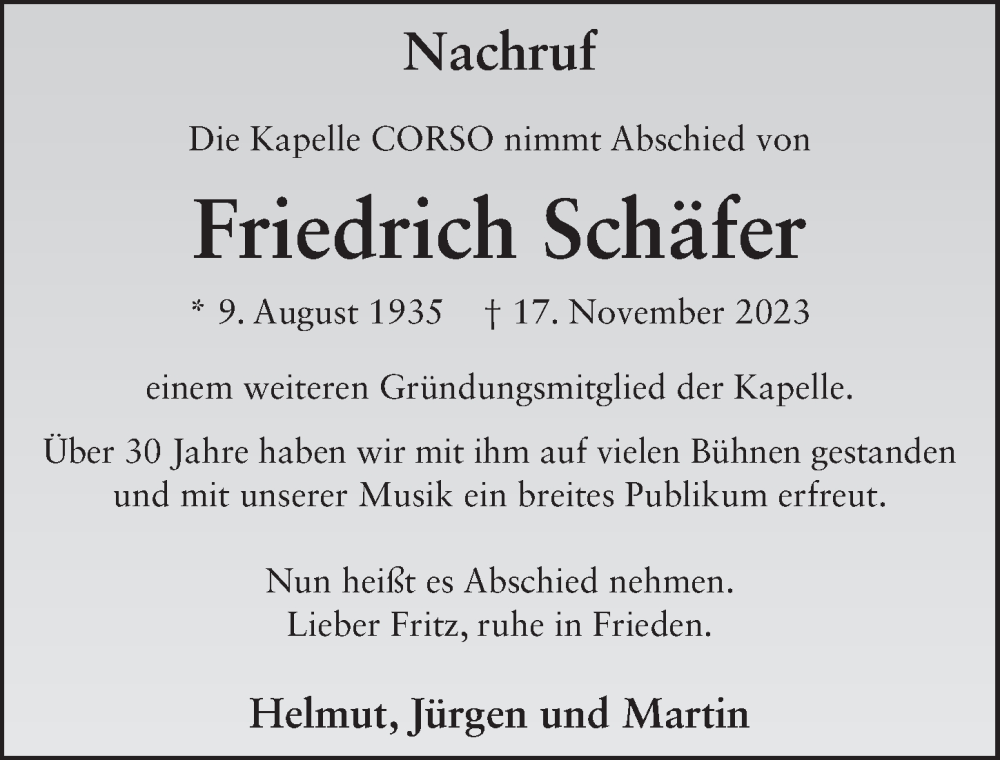  Traueranzeige für Friedrich Schäfer vom 25.11.2023 aus FZ