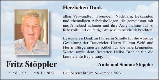 Traueranzeige von Fritz Stöppler von FZ