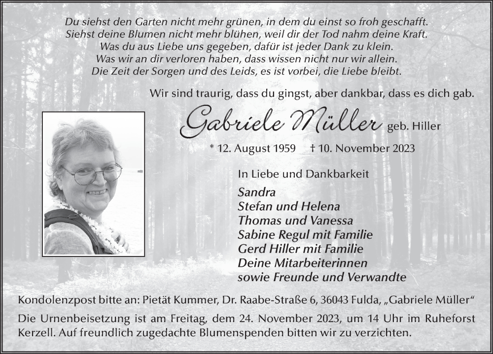  Traueranzeige für Gabriele Müller vom 18.11.2023 aus FZ