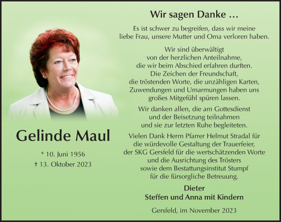 Traueranzeige von Gelinde Maul von FZ