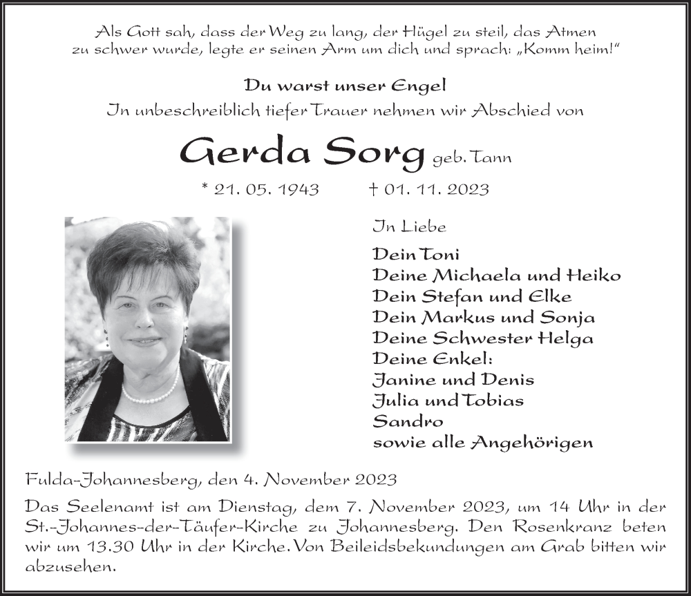  Traueranzeige für Gerda Sorg vom 04.11.2023 aus FZ