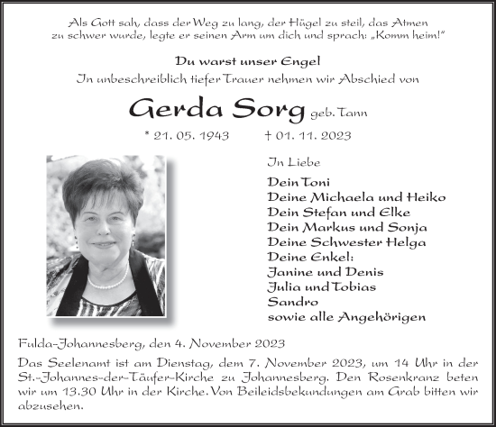 Traueranzeige von Gerda Sorg von FZ