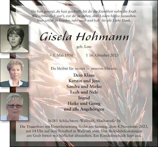 Traueranzeige von Gisela Hohmann von FZ