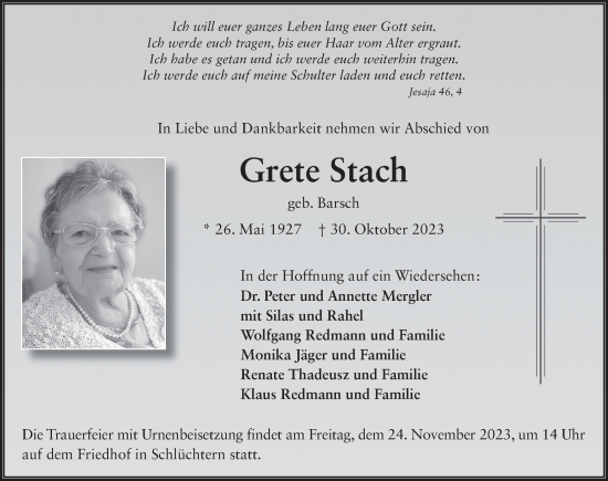 Traueranzeige von Grete Stach von FZ