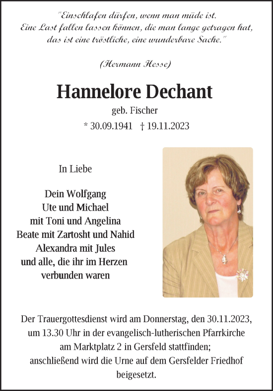 Traueranzeige von Hannelore Dechant von FZ