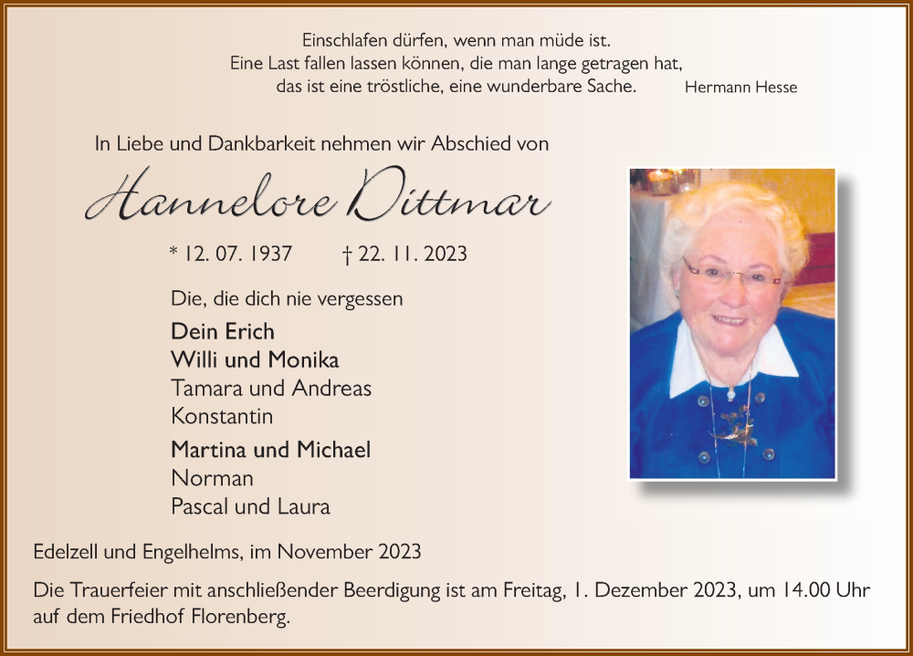 Traueranzeige für Hannelore Dittmar vom 28.11.2023 aus FZ