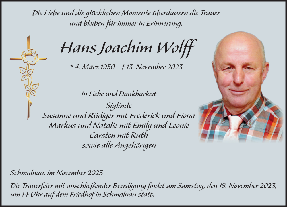  Traueranzeige für Hans Joachim Wolff vom 16.11.2023 aus FZ