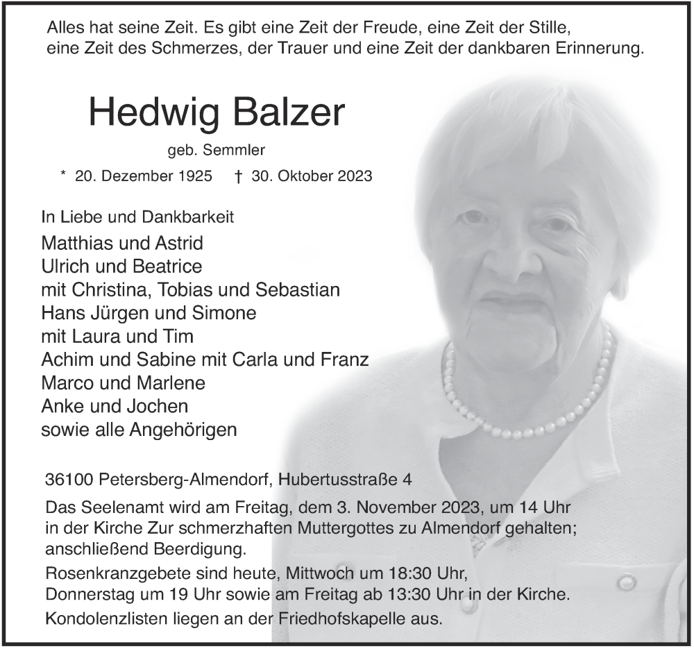 Traueranzeige für Hedwig Balzer vom 01.11.2023 aus FZ