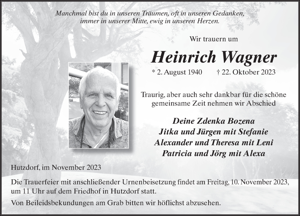  Traueranzeige für Heinrich Wagner vom 07.11.2023 aus FZ