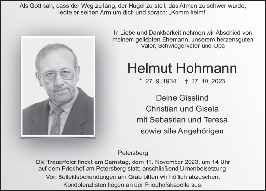 Traueranzeige von Helmut Hohmann von FZ