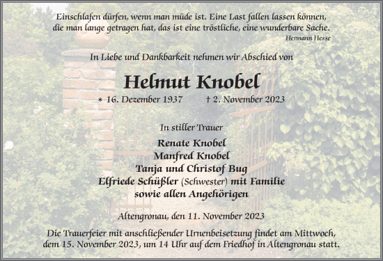 Traueranzeige von Helmut Knobel von FZ